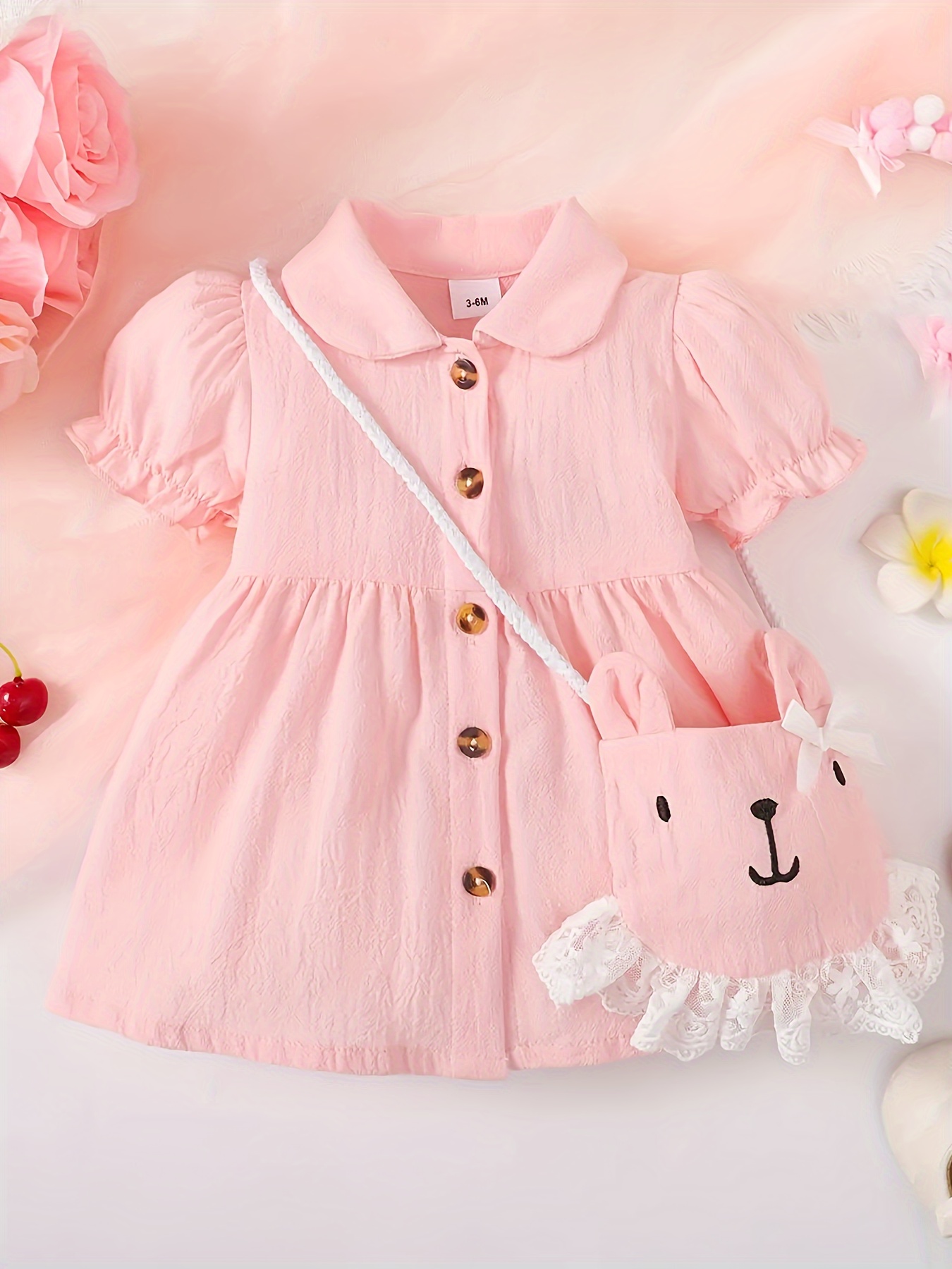 2pcs Baby Girl Allover Strawberry Print Cami Dress and Solid Frill Trim Puff-sleeve Cardigan Set