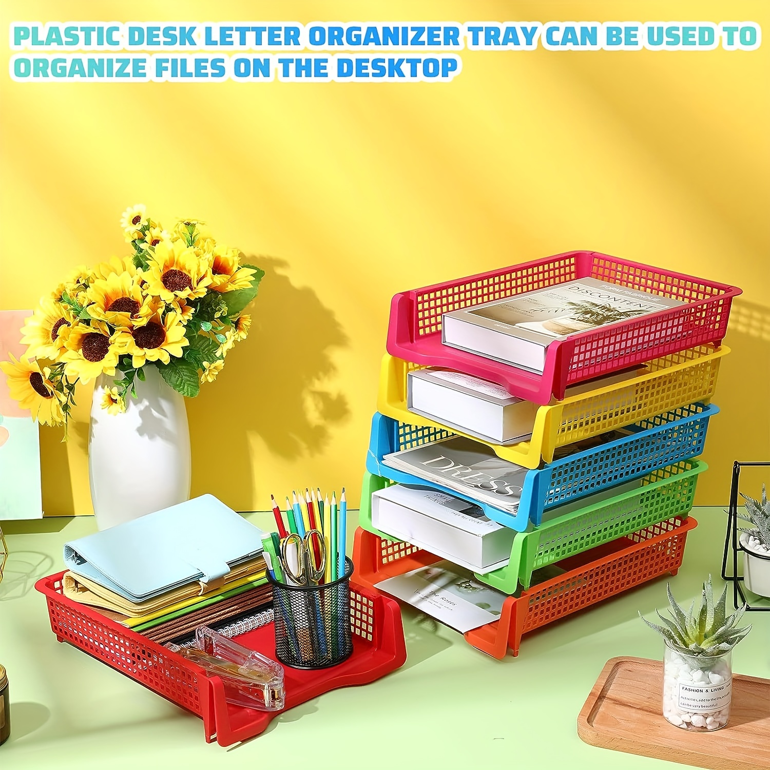 6 Pack Plastic Turn In Paper Trays for Classroom, Colorful Storage