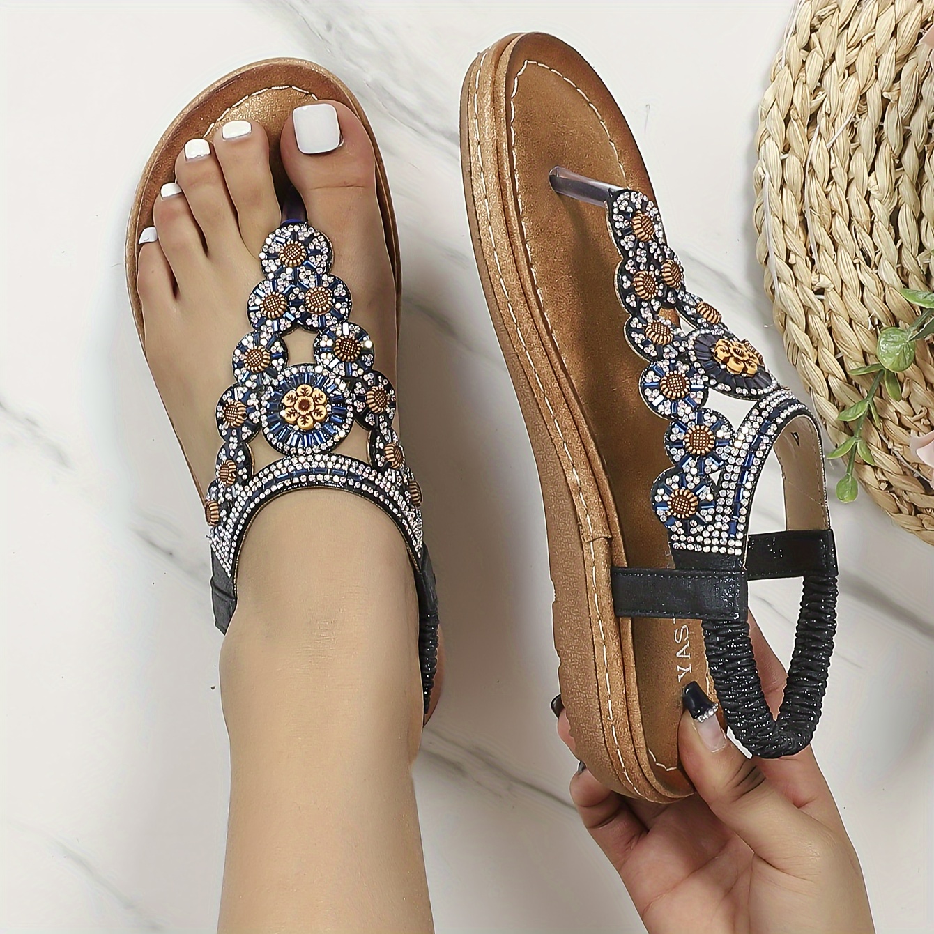 Women's Boho Stile Thong Sandals, Rhinestone Decor Elastic Strap Slip On  Shoes, Summer Vacation Beach Sandals