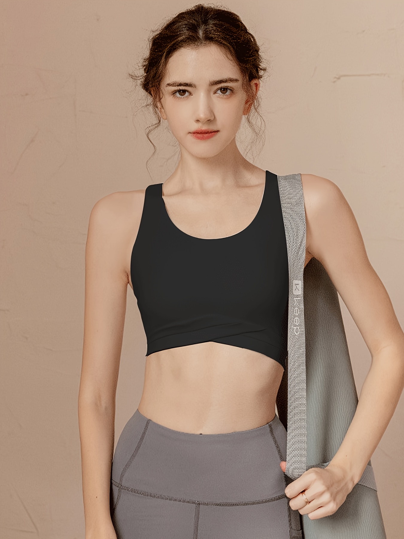 Solid Color Chest Pads Sporty Bra Round Neck Criss Cross - Temu