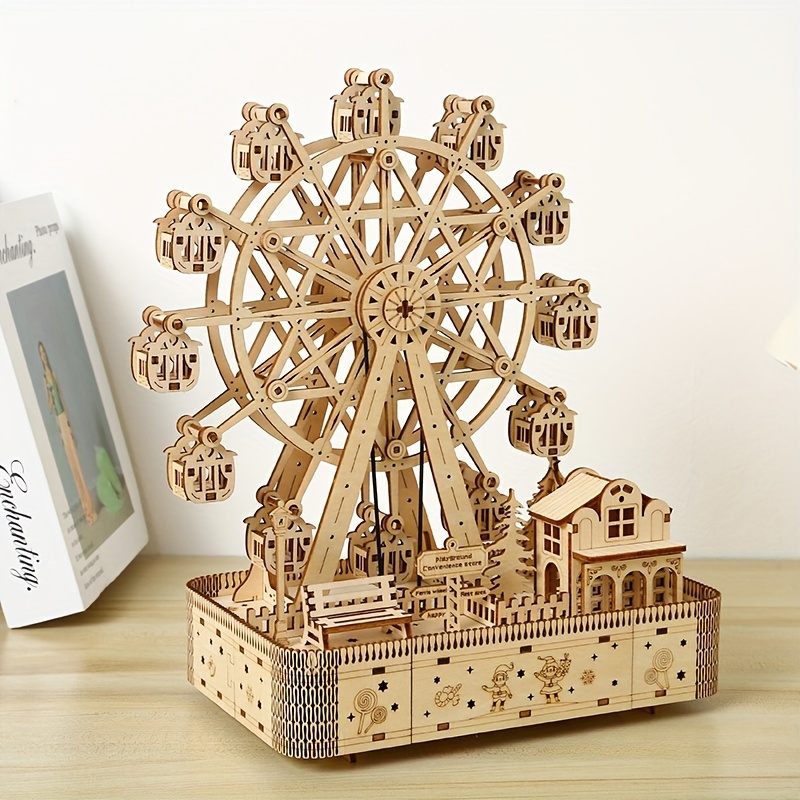 3D Three-dimensional Wooden Puzzle Model, Adult Toy Ferris Wheel Music Box  Built-in LED, Wooden Crafts Ornaments, Christmas Decoration Halloween Thank