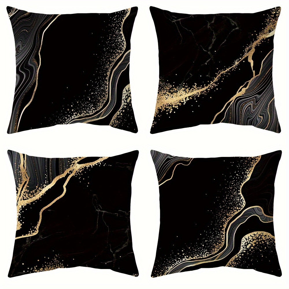 Image of 4pcs Marble Texture Black And Golden Silvery Decorative Throw Pillow Covers, Double Sided Printing, Luxury Abstract Ink Soft Velvet Pillow Case Covers For Couch Living Room 18 X 18 Inch