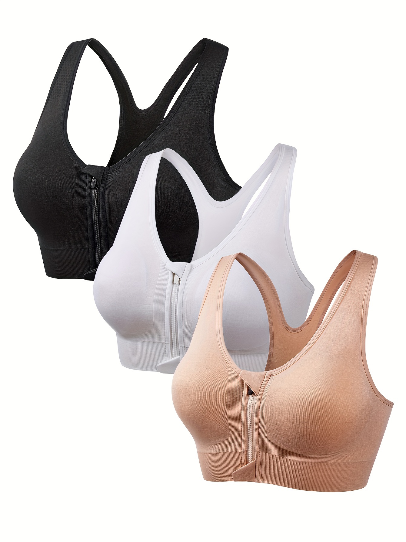 3pcs Women's Zip Front Close Sports Bra Wireless Post-Surgery Yoga Fitness  Bras for Women Medium Support and Removable Pad Tank - AliExpress