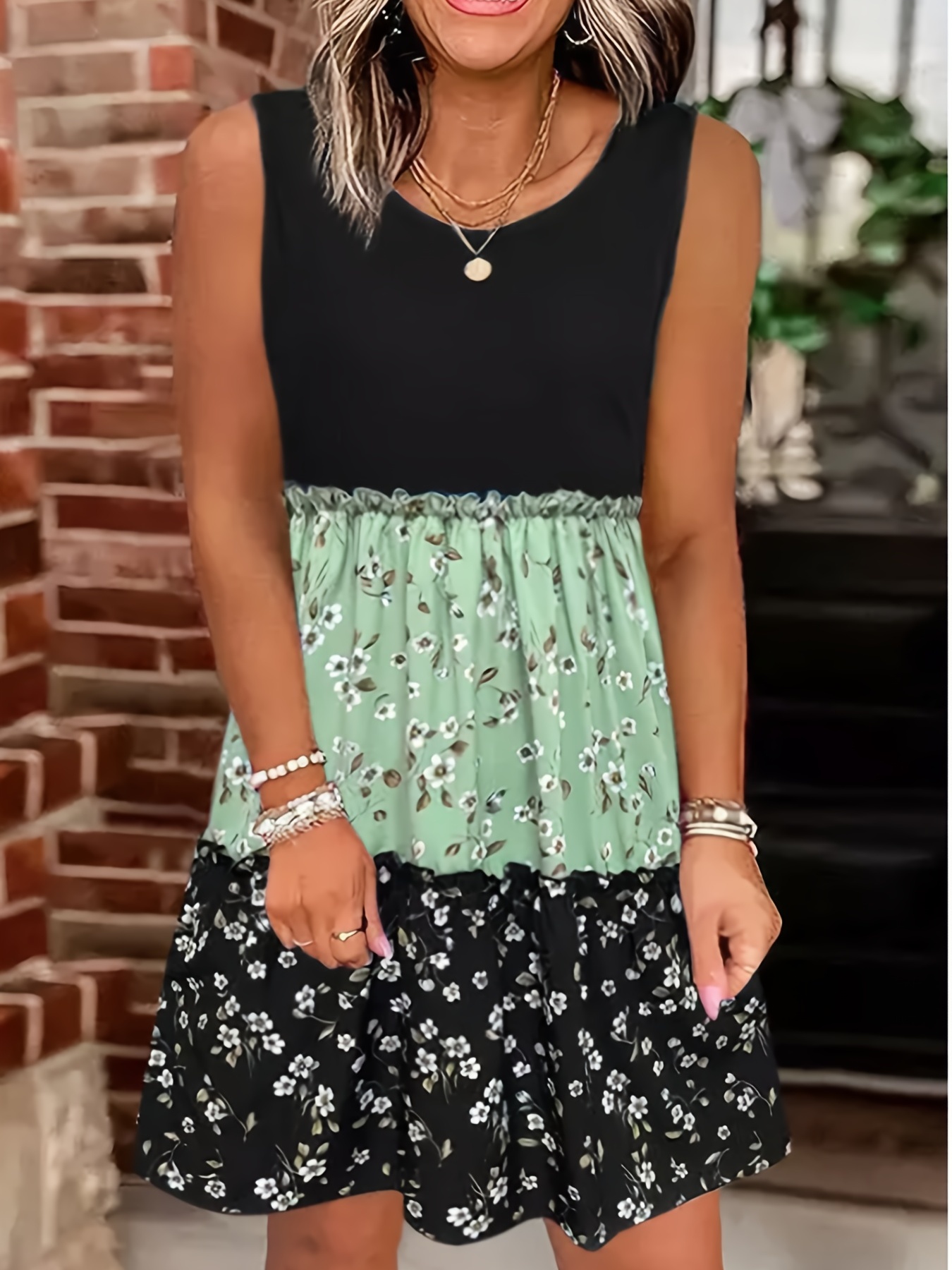 Floral Print Color Block Crew Neck Dress Boho Sleeveless - Temu