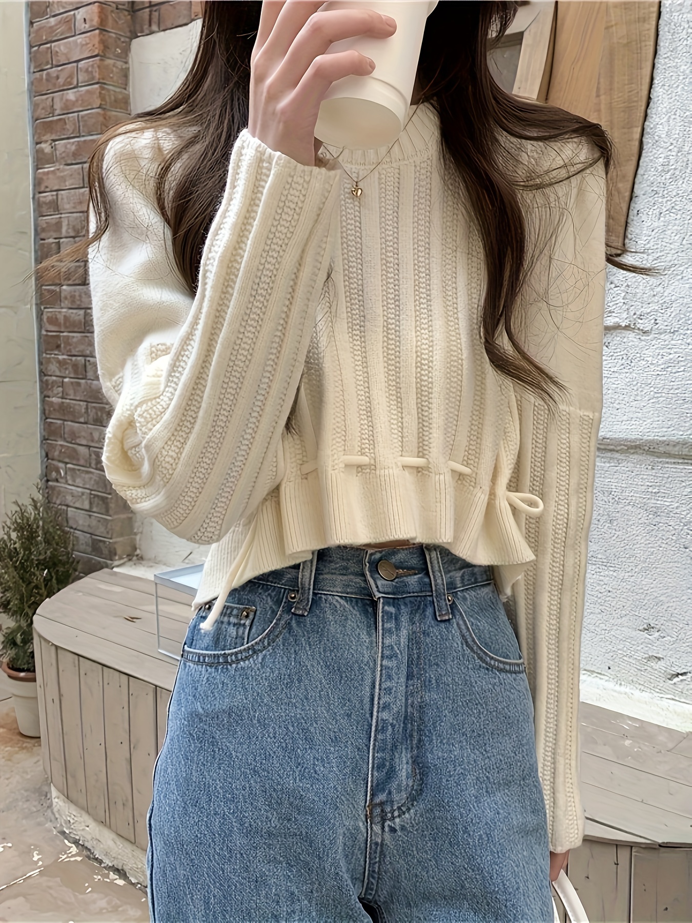 Solid Drawstring Hem Crop Sweater Casual Mock Neck Long Temu