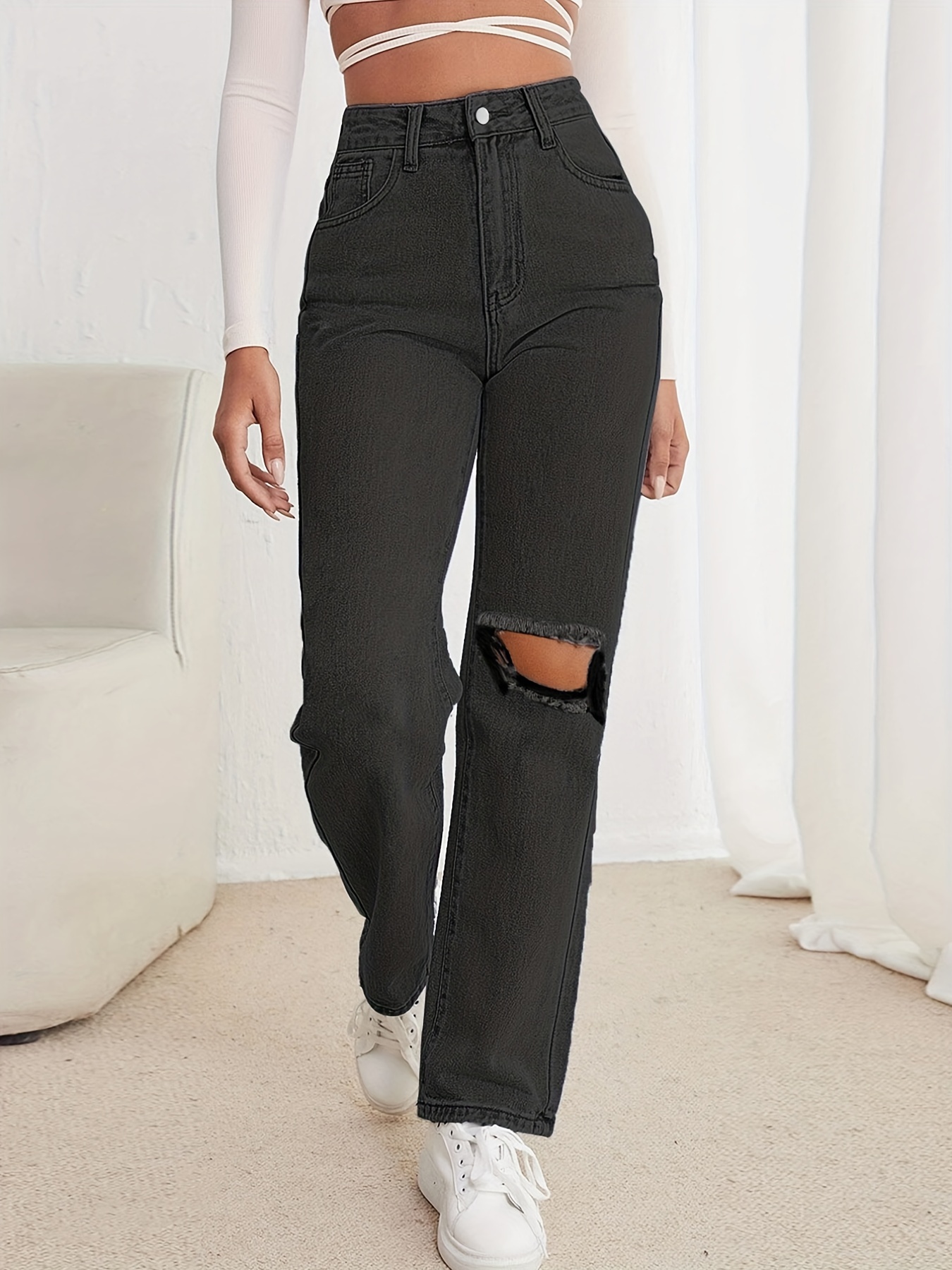 Cow Print Patched Straight Jeans Slash Pockets High Waist - Temu