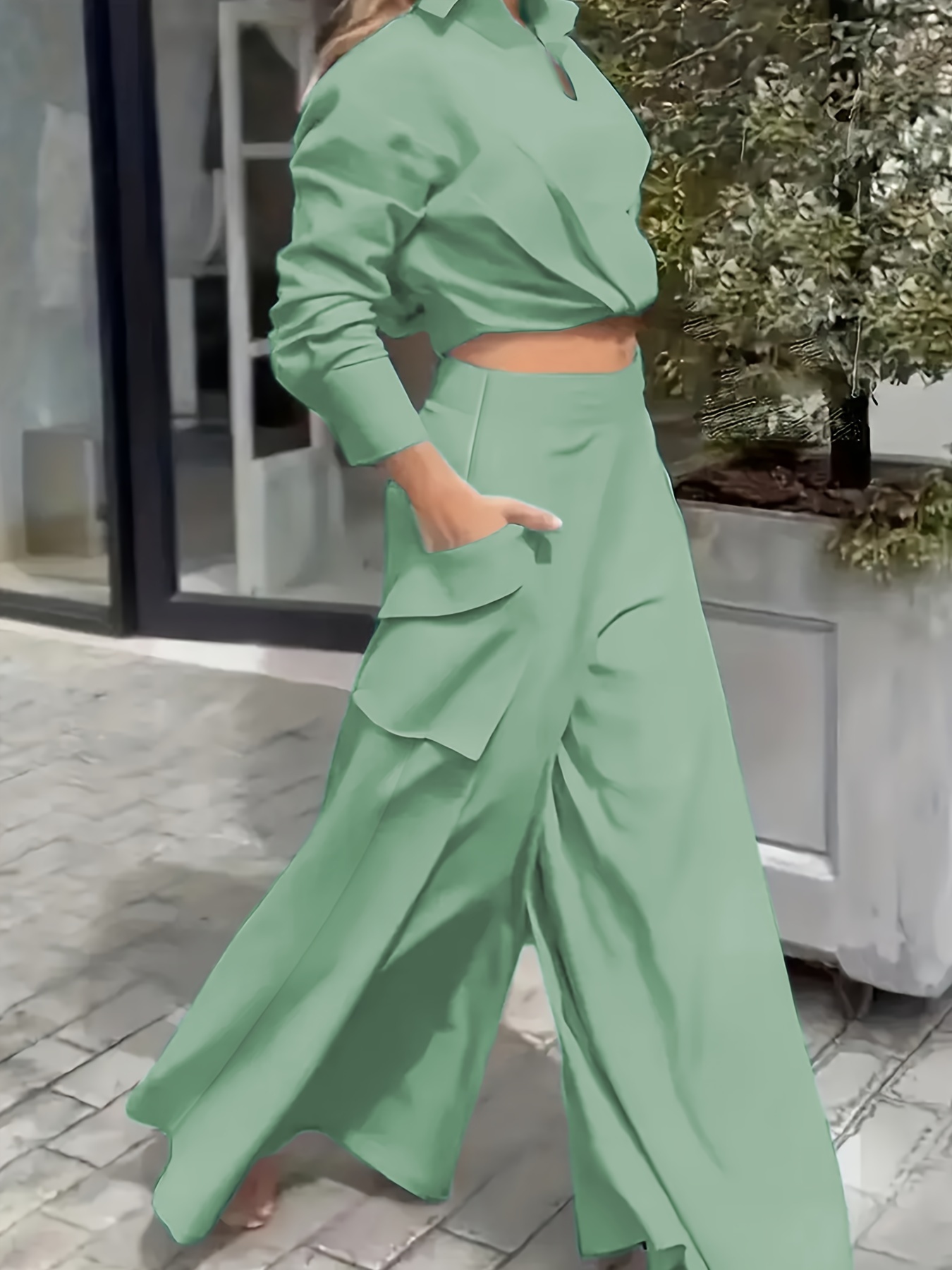 Pejock Women's 2 Piece Outfits Slit Hem Longline Blouse and Wide Leg Pants  Set Plus Size Green XL (US Size:10)