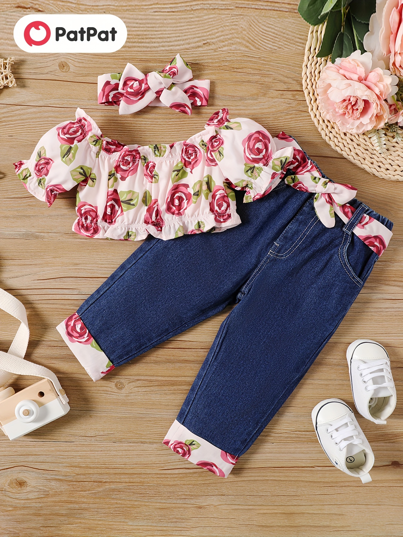Cute Outfits for Kids Girls Sunflowers Prints Long Sleeves Tops Denim Bell  Bottom Jeans Pants Headband 3Pcs Set 