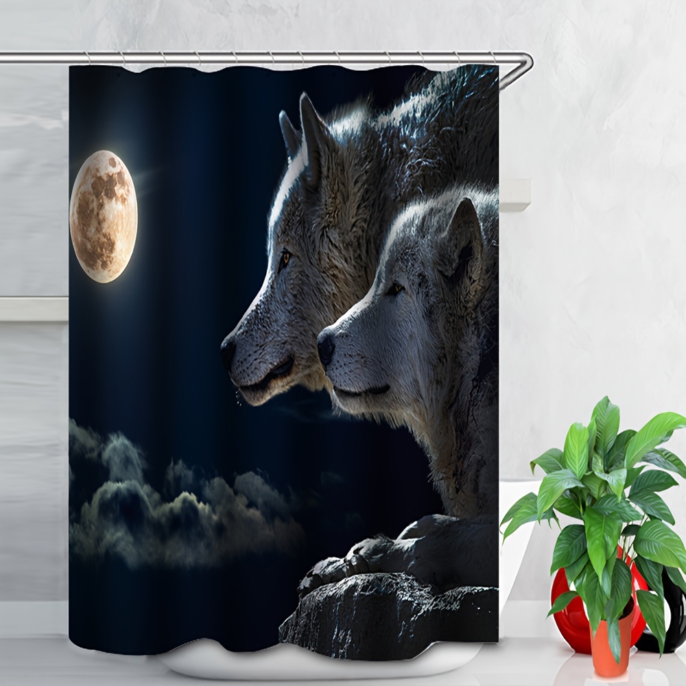 Moon Wolf Printed Bathroom Set, Waterproof Curtain With 12 Hooks