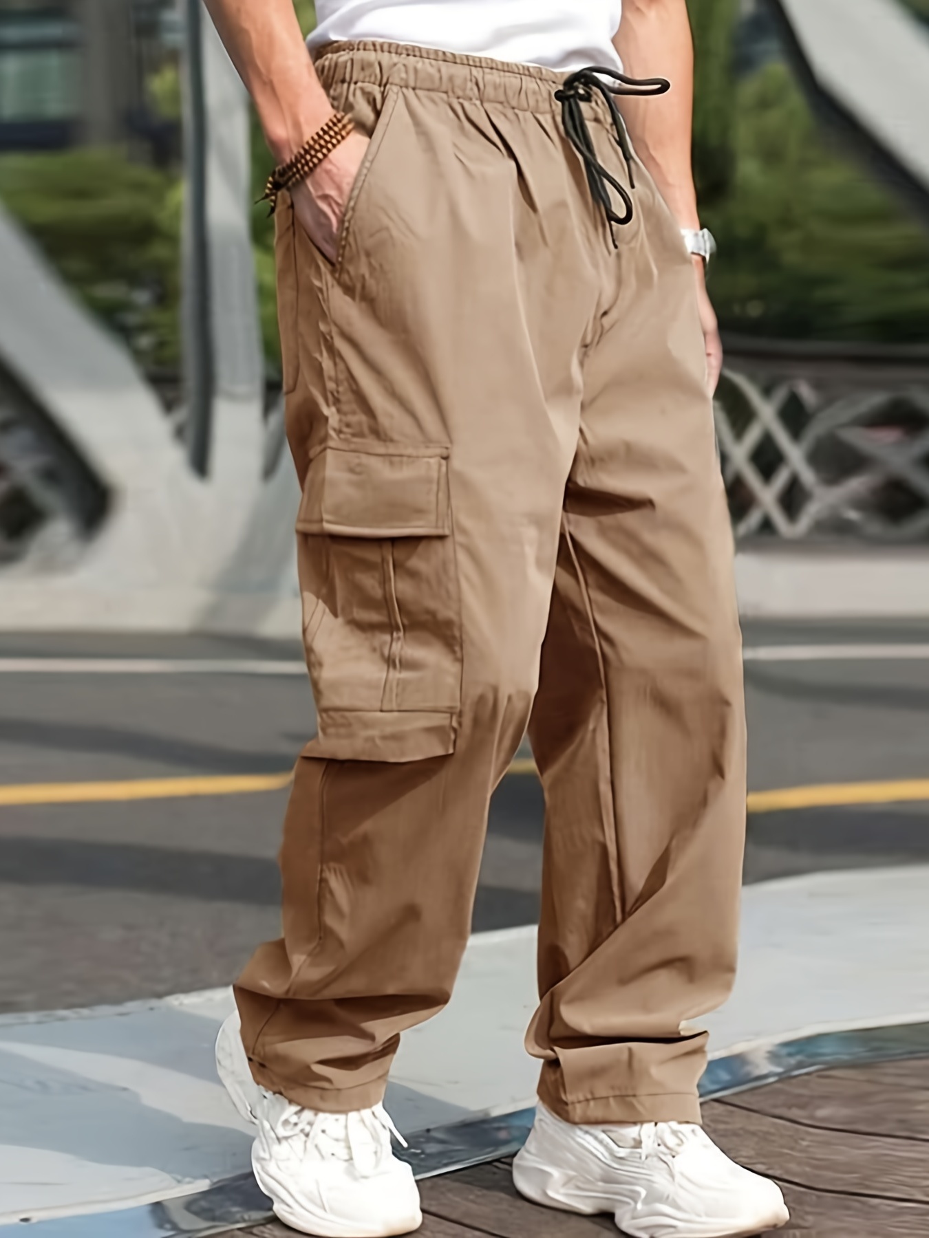 Loose Fit Cargo Pants Flap Pockets Non stretch Solid Color - Temu Austria