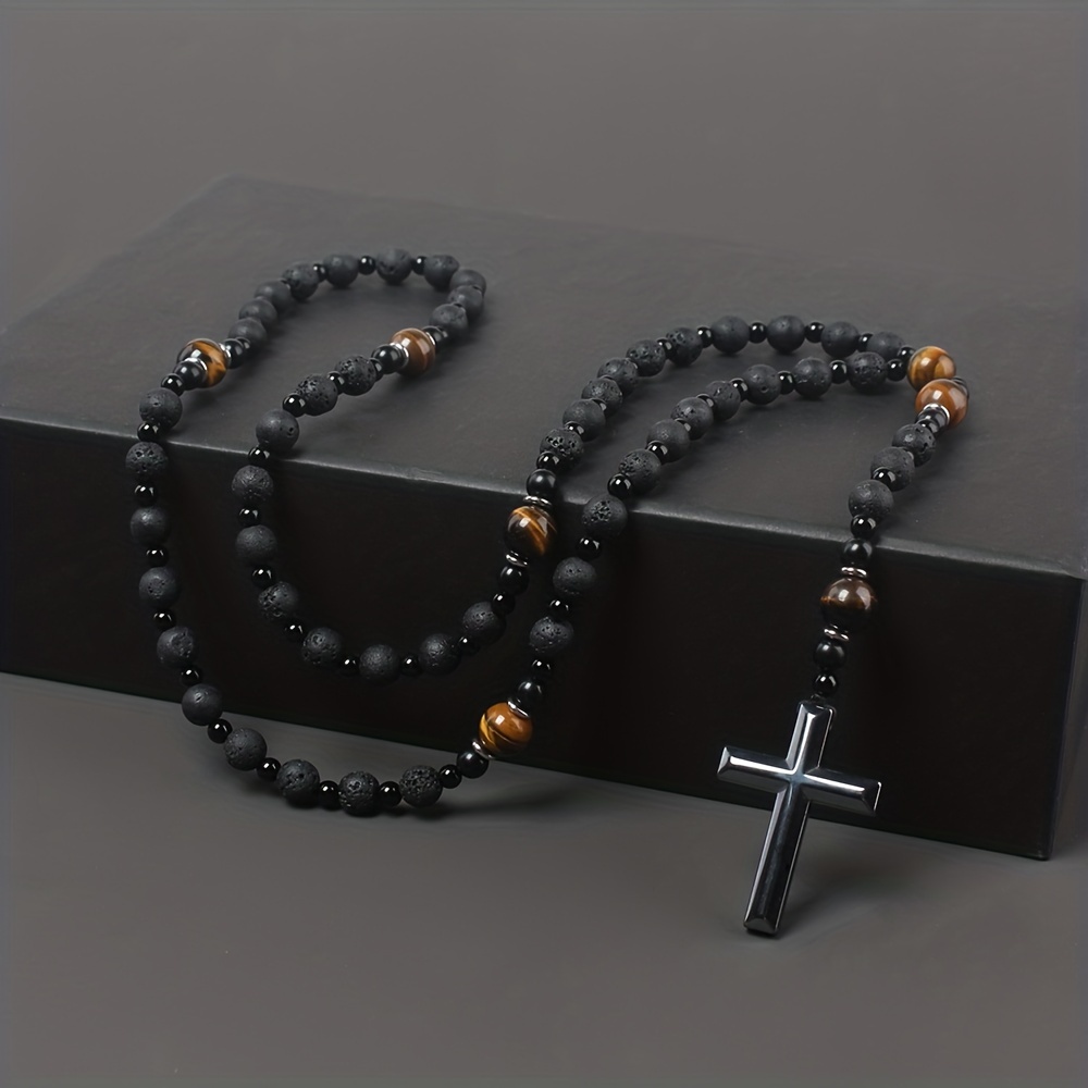 

1pc Natural Stone Round Bead String Bead Prayer Beads Rosary Cross Pendant Religious Jewelry
