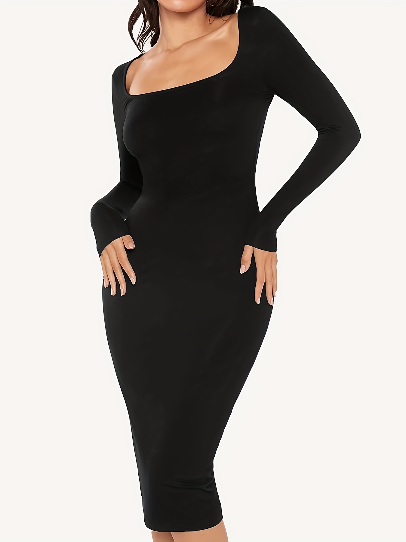 Solid Bodycon Long Sleeve Dress Casual Square Neck Maxi - Temu