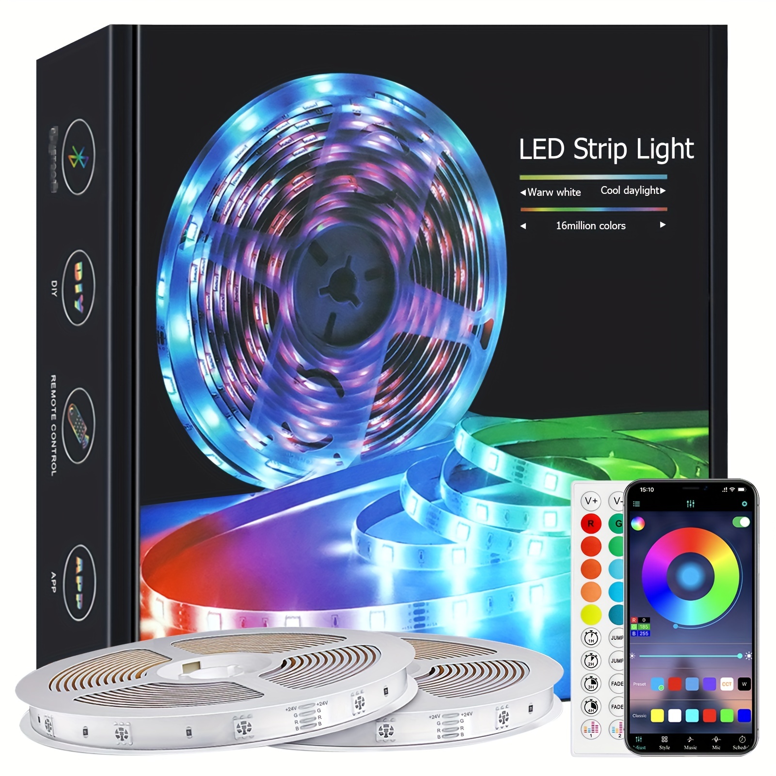 Tira de luces LED – Tiras de luz LED de 65.6 pies, sincronización de  música, luces LED que cambian de color, tira de luces LED Bluetooth con  control