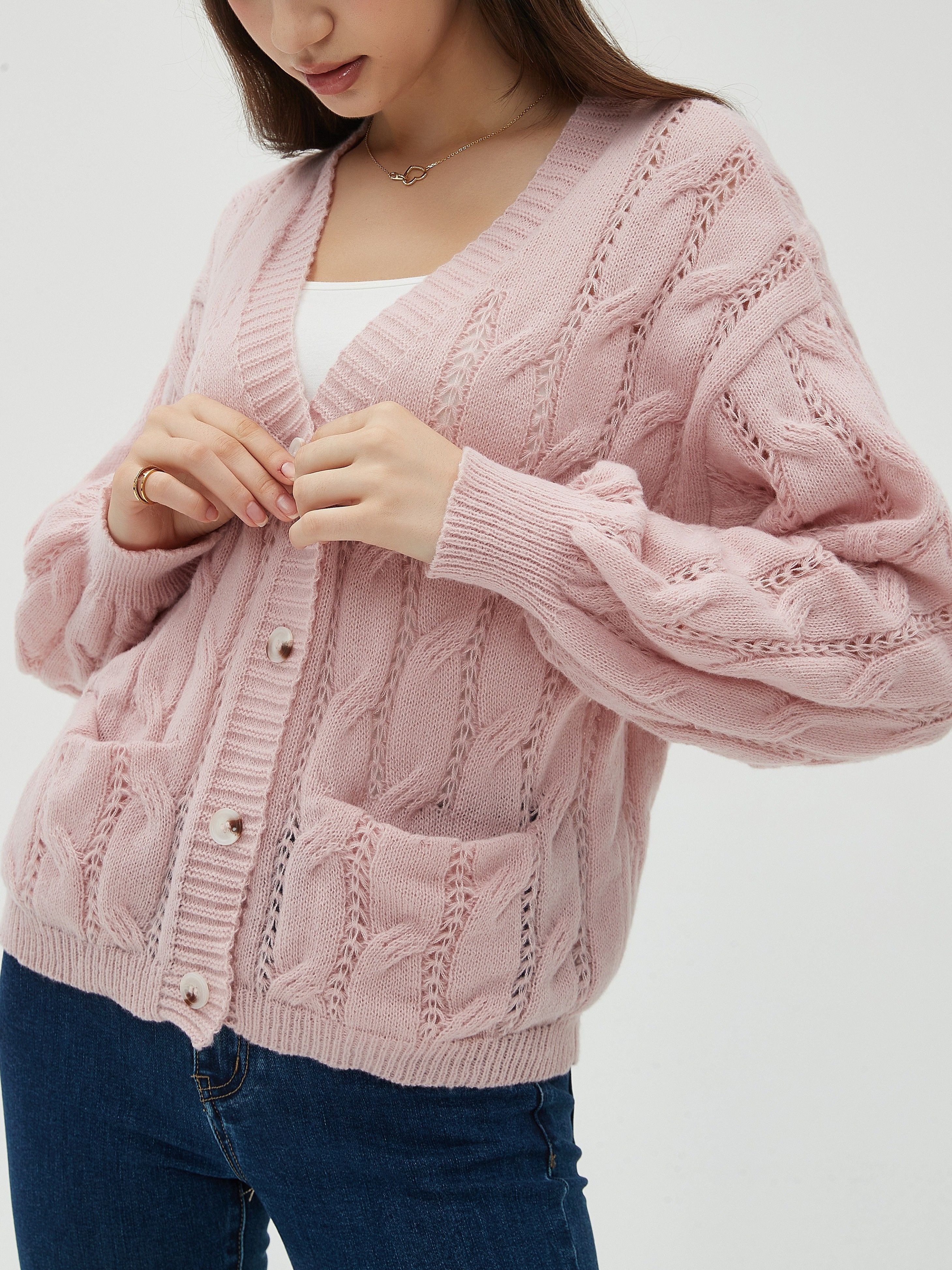Solid Button Down Cable Knit Cardigan, Casual Long Sleeve Pocket Soft  Sweater, Women's Clothing