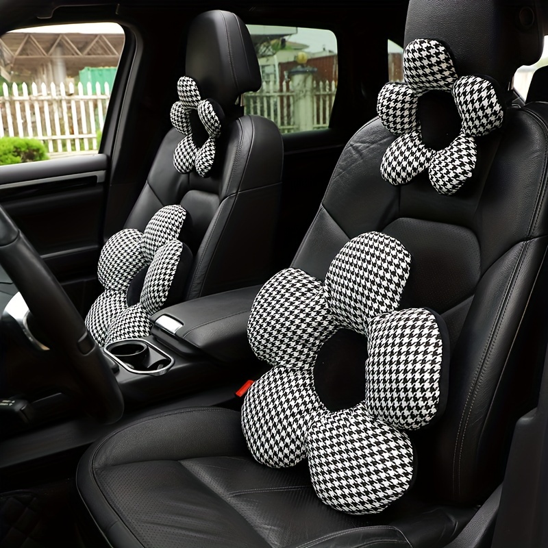 Stylish Houndstooth Flower Headrest Cushion & Waist Pad Car Accessory