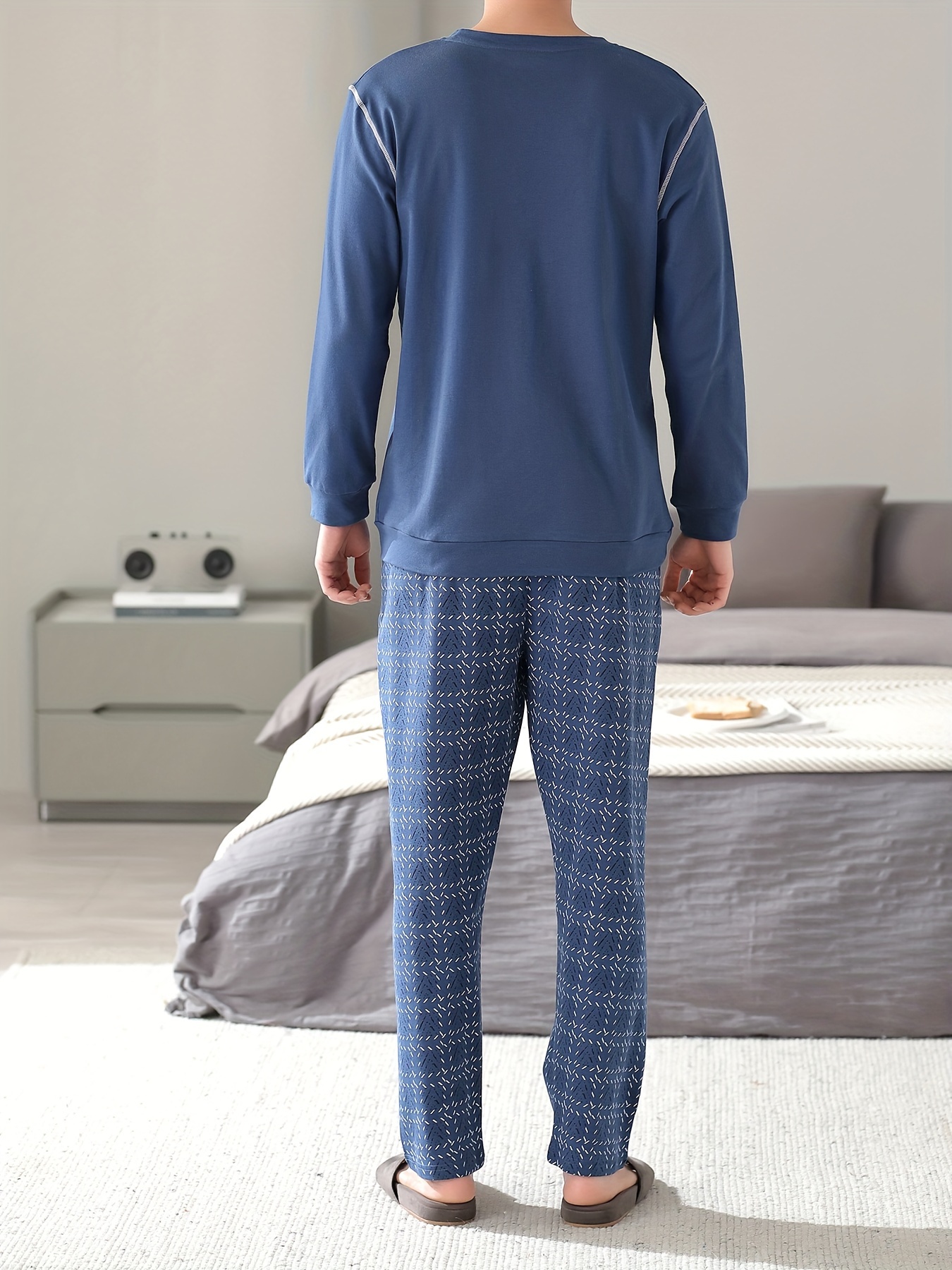 Men's Cotton Long Sleeve Pajamas Set Spring Autumn Winter, Loungewear Set, Men's Loose Fit Clothes, Crew Neck Shirts & Pants