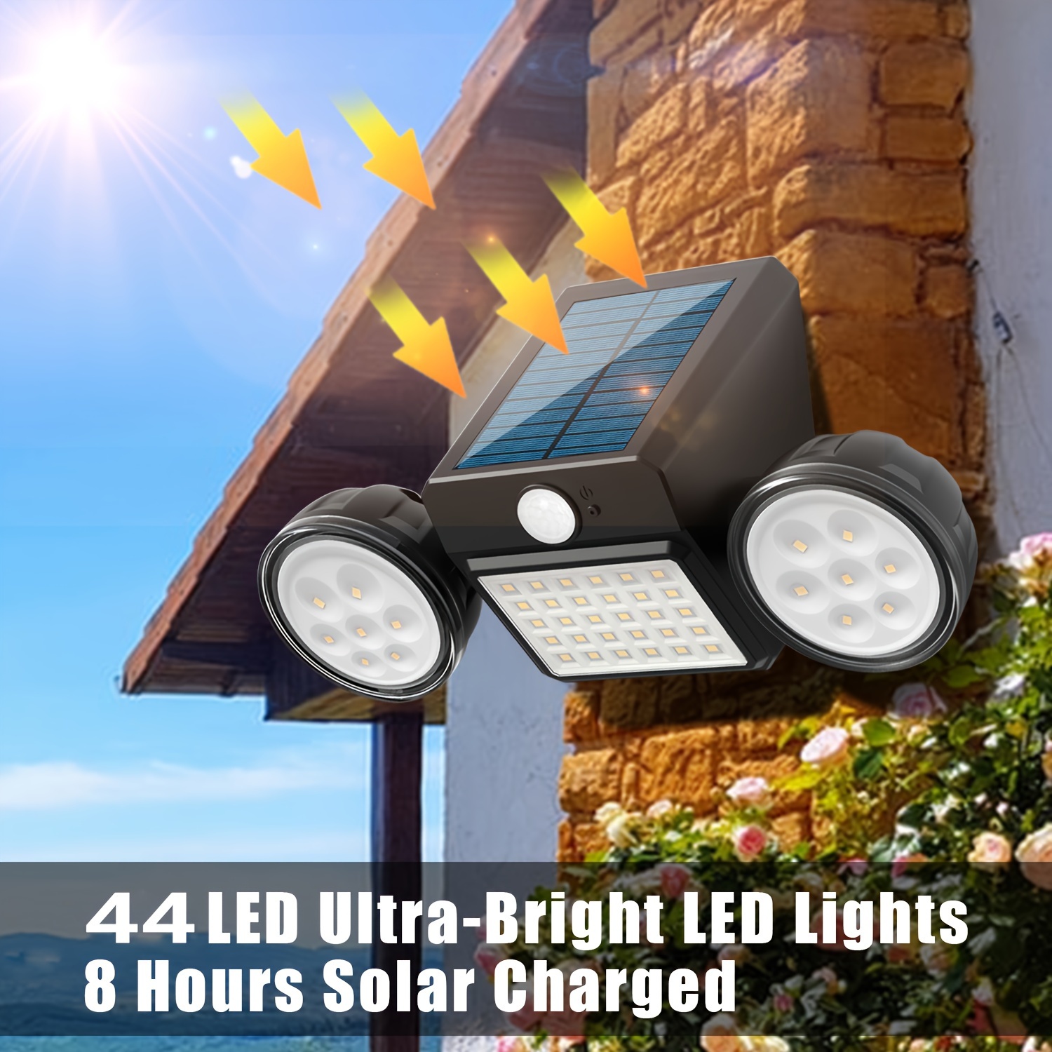 BESTA - 2 projecteurs solaires à LED, détecteur de mouvement à lumière  extérieure à 70 LED avec 3 têtes, projecteur solaire extérieur à lumens,  entrée de lumière solaire extérieure jaune chaud IP67 