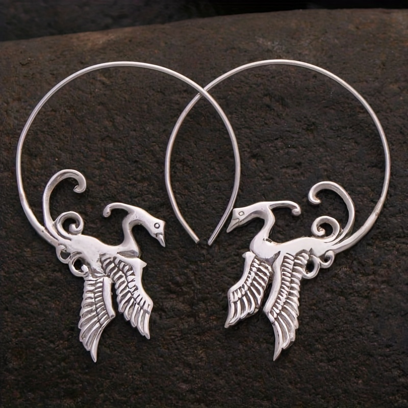 Vintage Sterling Silver Hoop Earrings Turquoise Phoenix Bird