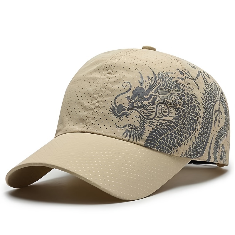 Khaki Funky Sun Protection Baseball Baseball Hat, Dad Hats, Men's Spring Summer Trendy Waterproof Peaked Printed Chinese Style Dragon Pattern