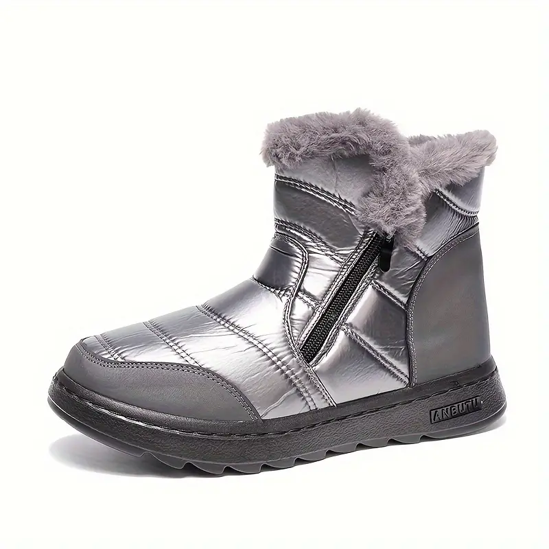 womens trendy reflective waterproof side zipper plush lined thicken furry snow boots casual versatile wear resistance non slip flat round toe snow shoes details 1