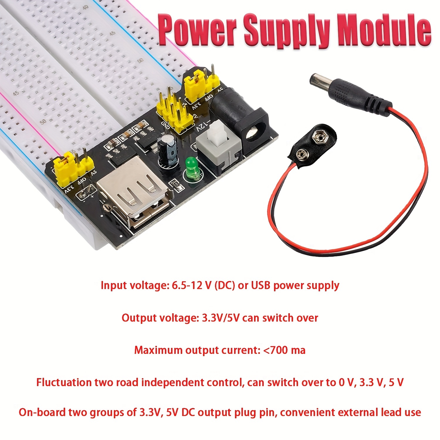 1 Set Breadboard Kit With Power Supply Module,Jumper Wires ,Battery  Clip,830&400 Tie-Points Breadboard