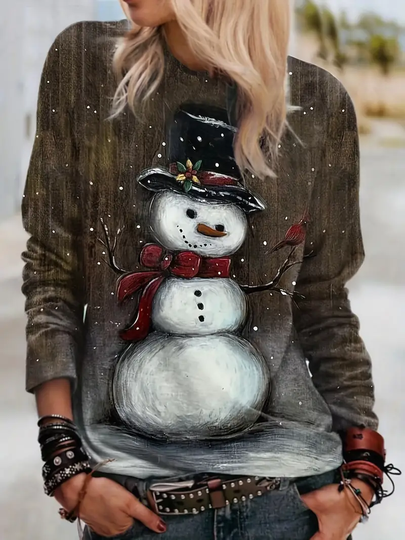 Plus Size Christmas Casual T-shirt, Women's Plus Snowman Print Long Sleeve  Round Neck Medium Stretch T-shirt