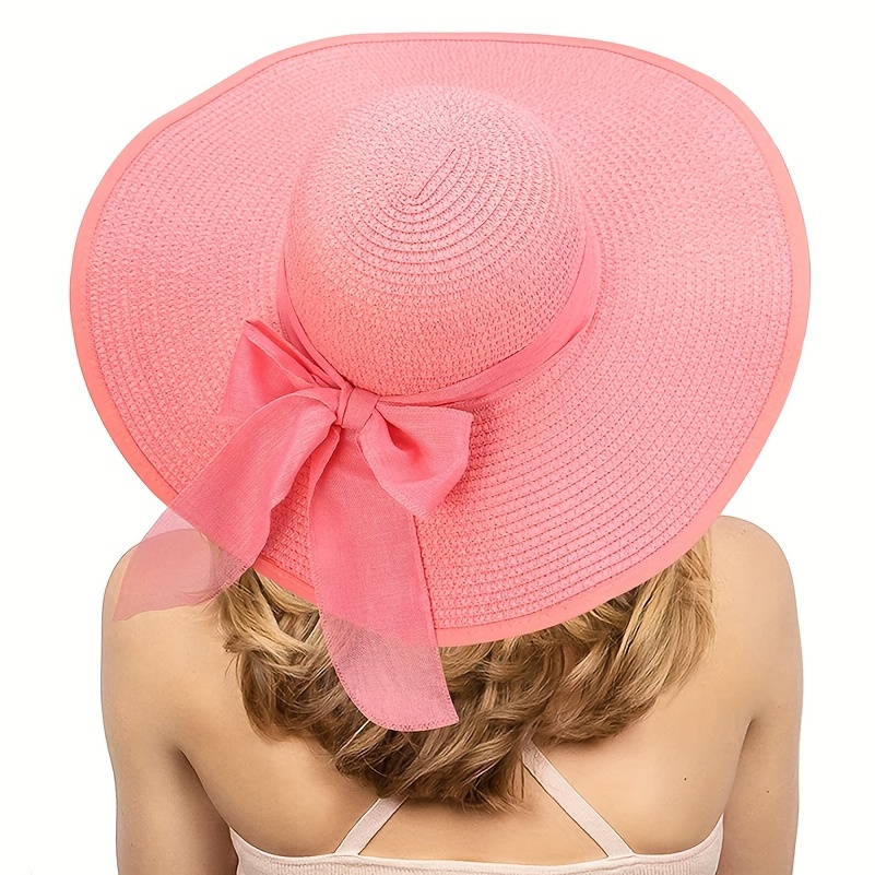 Womens Summer Wide Brim Floppy Straw Hat Bow Sun Hat Travel