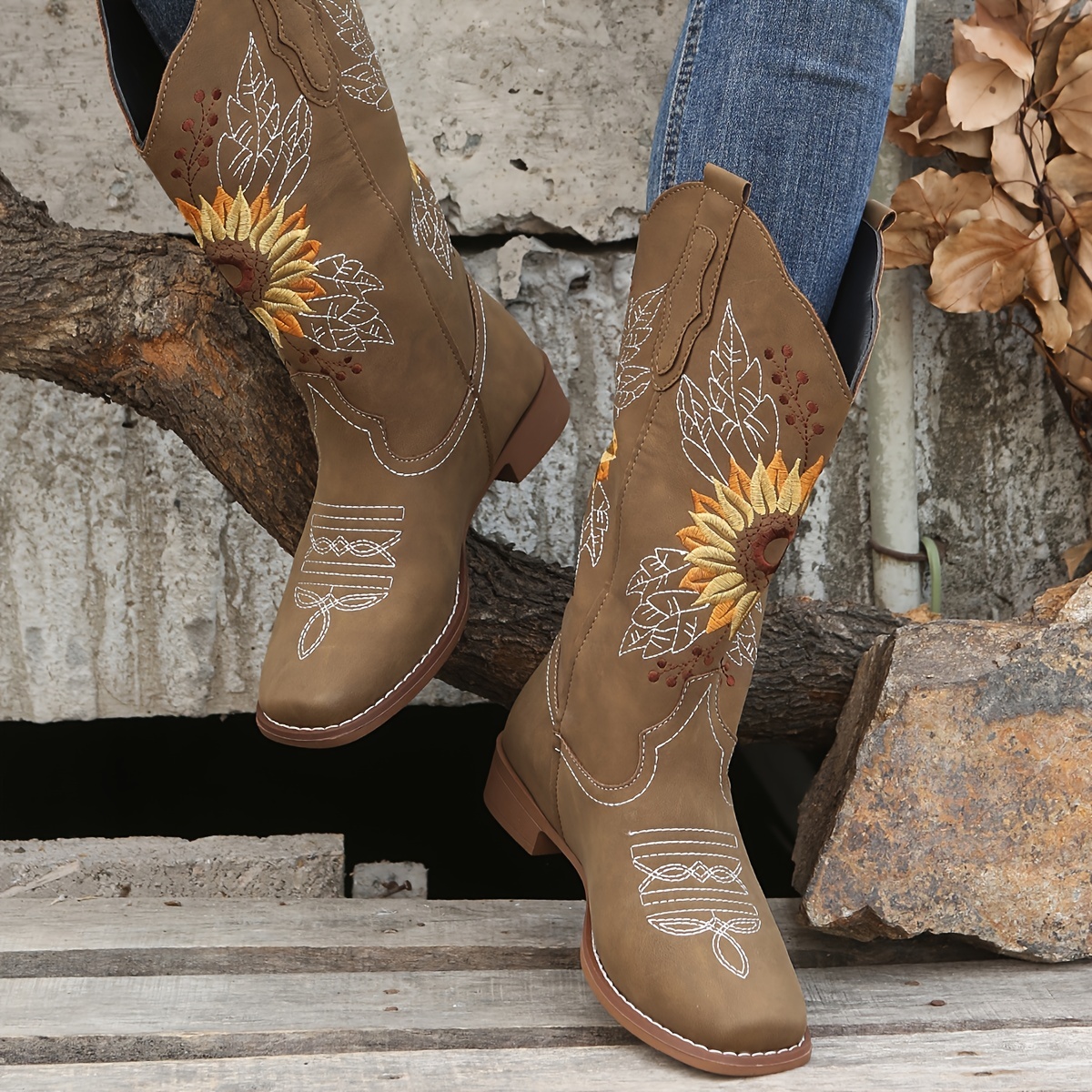 WOMENS COWGIRL Cowboy Square Toe Leather Sunflower Embroidered BOOTS -   Canada