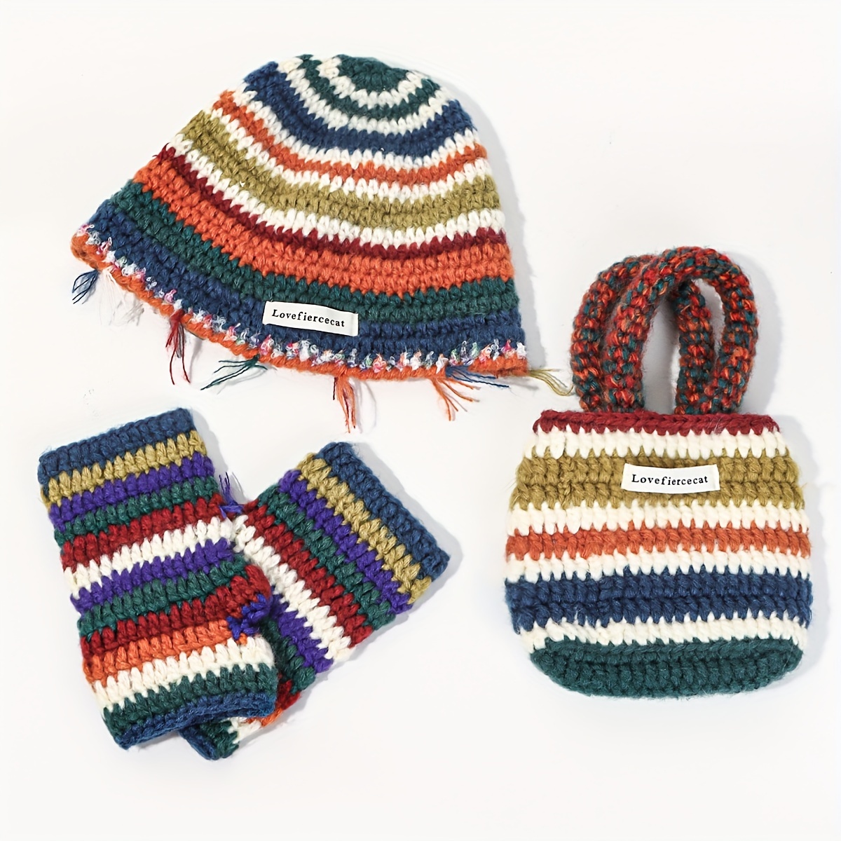 1/3pcs Hat Gloves Bag Set Boho Striped Knit Handbag Elastic Fingerless Gloves Casual Crochet Bucket Hats, Sun Hat for Women,Temu