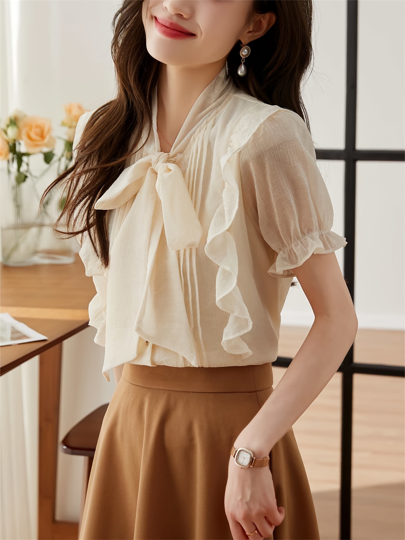 Solid Ruffle Trim Tie Neck Blouse Sweet Short Sleeve Blouse - Temu