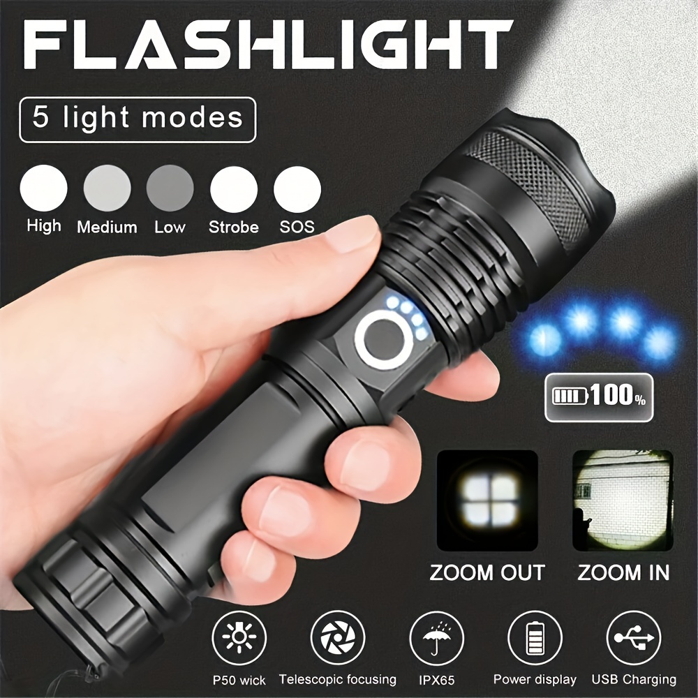 100000 Lumens Rechargeable Flashlight, Waterproof Searchlight