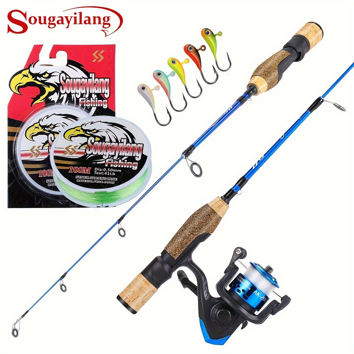 Sougayilang Ice Fishing Gear Set, Including 2 Sections Fiberglass M/L Power  Ice Fishing Rod, And 3BB Mini Spinning Reel With Fishing Line, Bait, Etc.