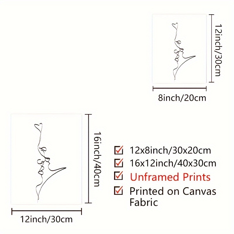 Arte de parede personalizada desenho casal beijo pôster abstrato impressão  em tela preto branco simples pintura decorativa decoração de casa moderna  30x40x6 sem moldura