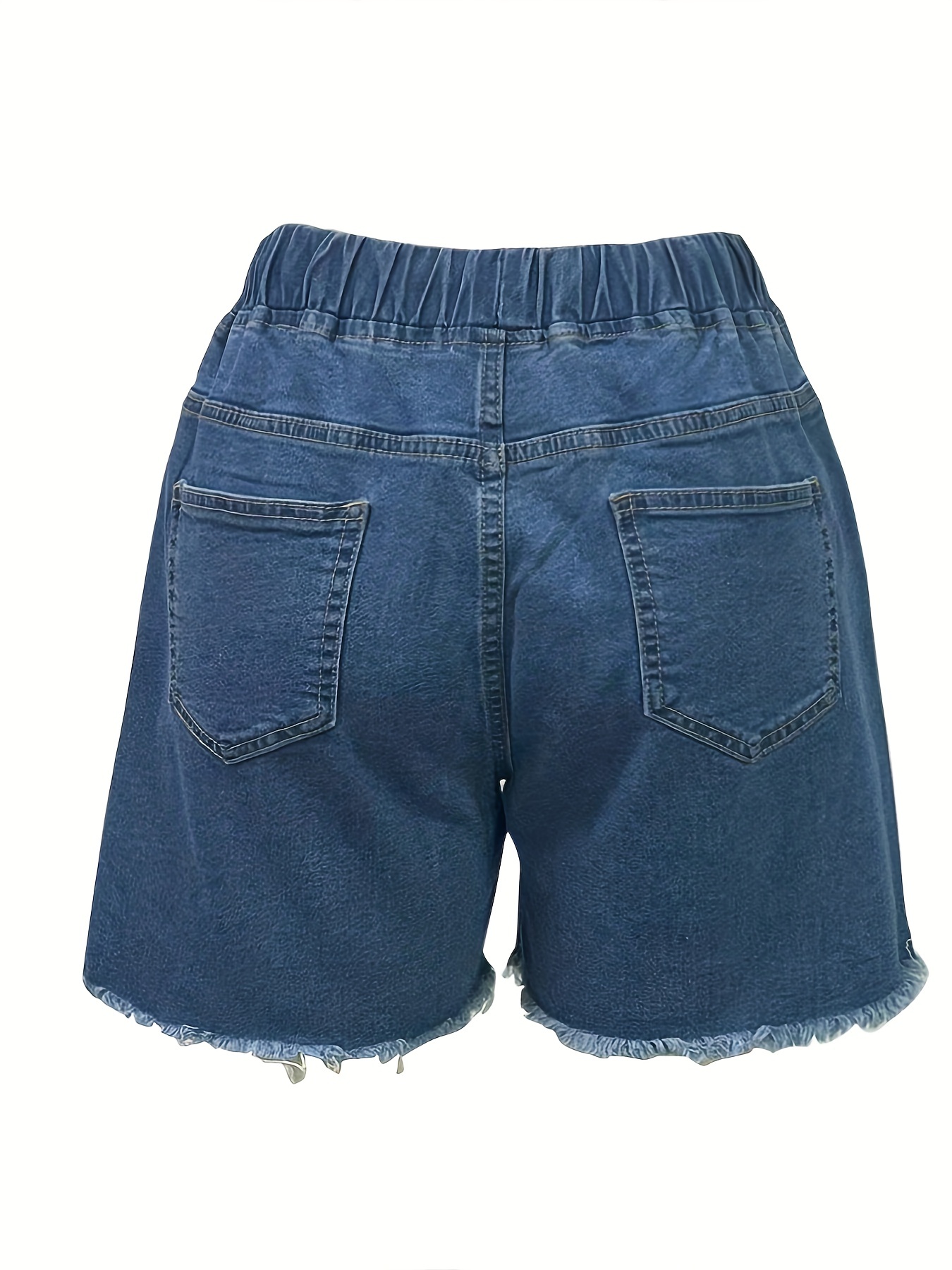 Raw Hem Drawstring Waistband Solid Color Denim Shorts, High Stretchy Slash  Pocket Design Frayed Edge Washed Blue Loose Denim Shorts, Casual Shorts For
