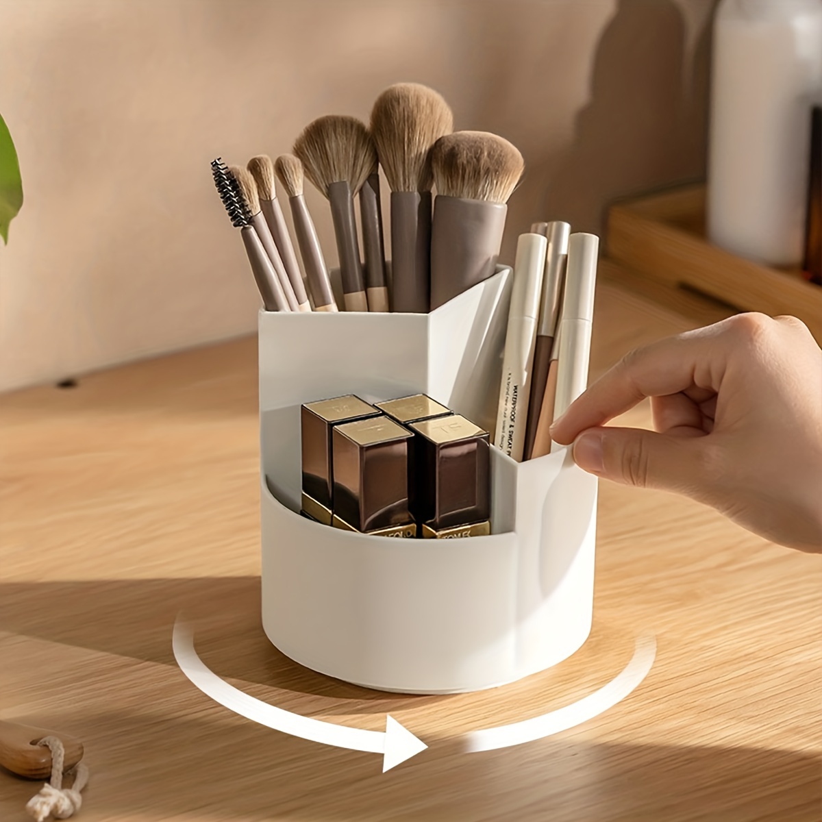 Makeup Organizer Box With Rotating Brush Holder, Desk Pencil