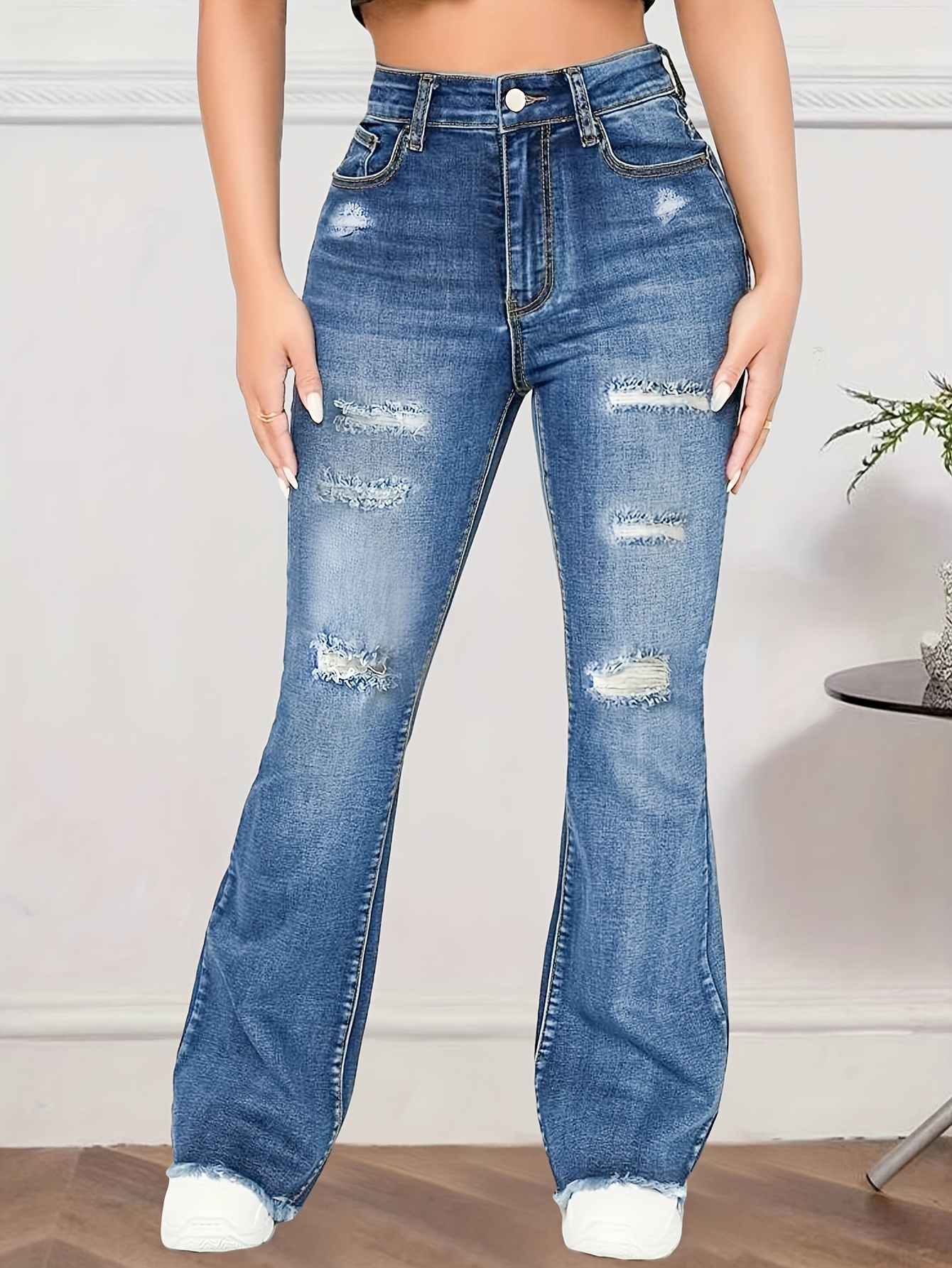 Jeans Flare De Cintura Alta * Bolsos Inclinados De Estiramento Alto Slim  Fit Bell Bottom Jeans, Jeans Femininos E Roupas
