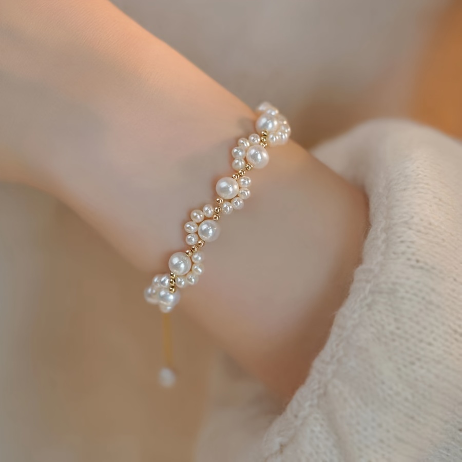 

1pc Elegant White Faux Pearls Beads Beaded Bracelet Simple Zinc Alloy Luxury Versatile Hand Decoration