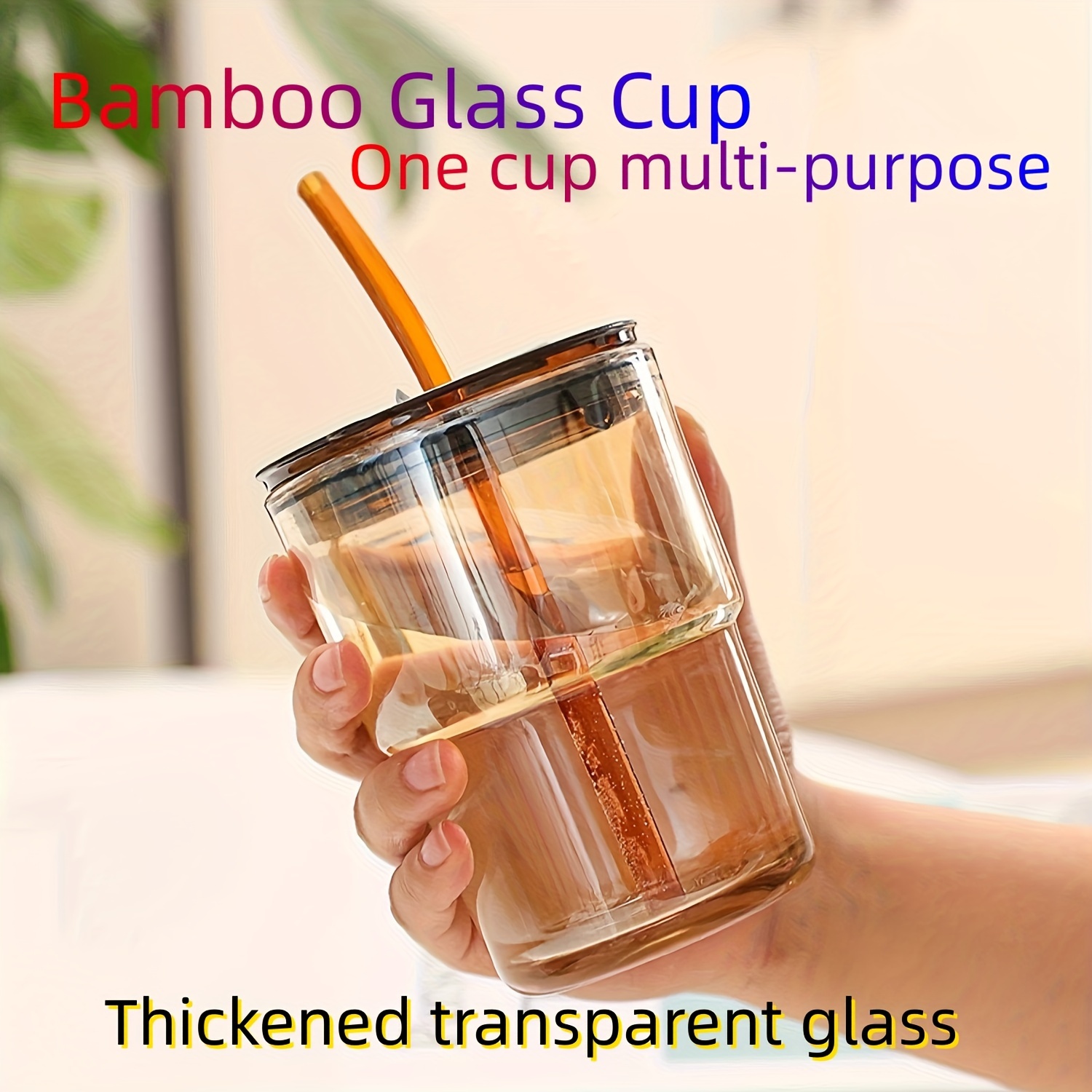Reusable Drinking Glasses Cup Bamboo-Joint Glass Straw with Lids