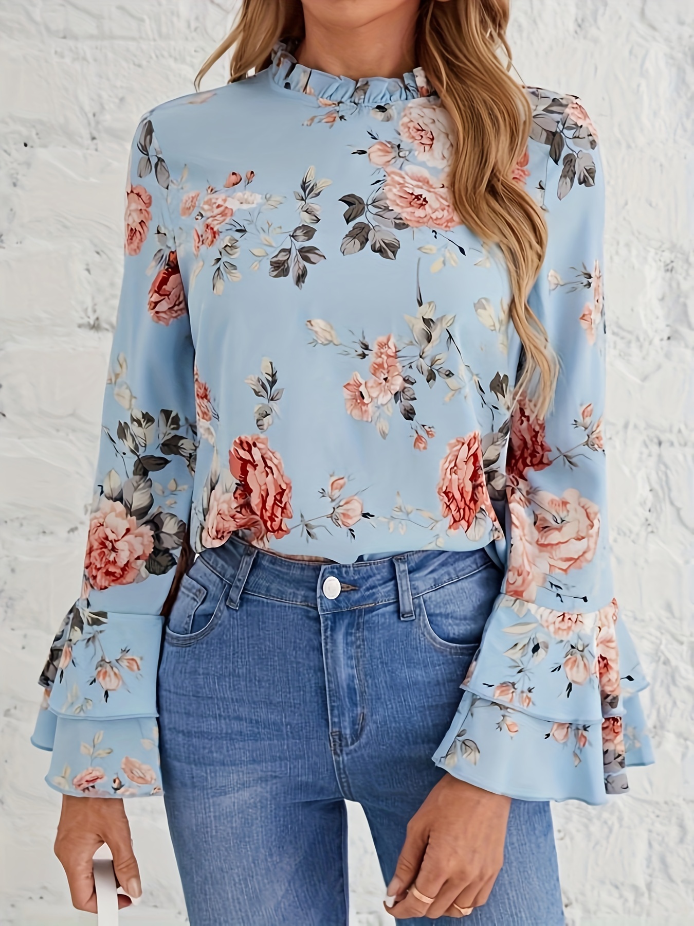 Floral Print Mock Neck Blouse, Elegant Layered Flare Sleeve Blouse, Women's  Clothing