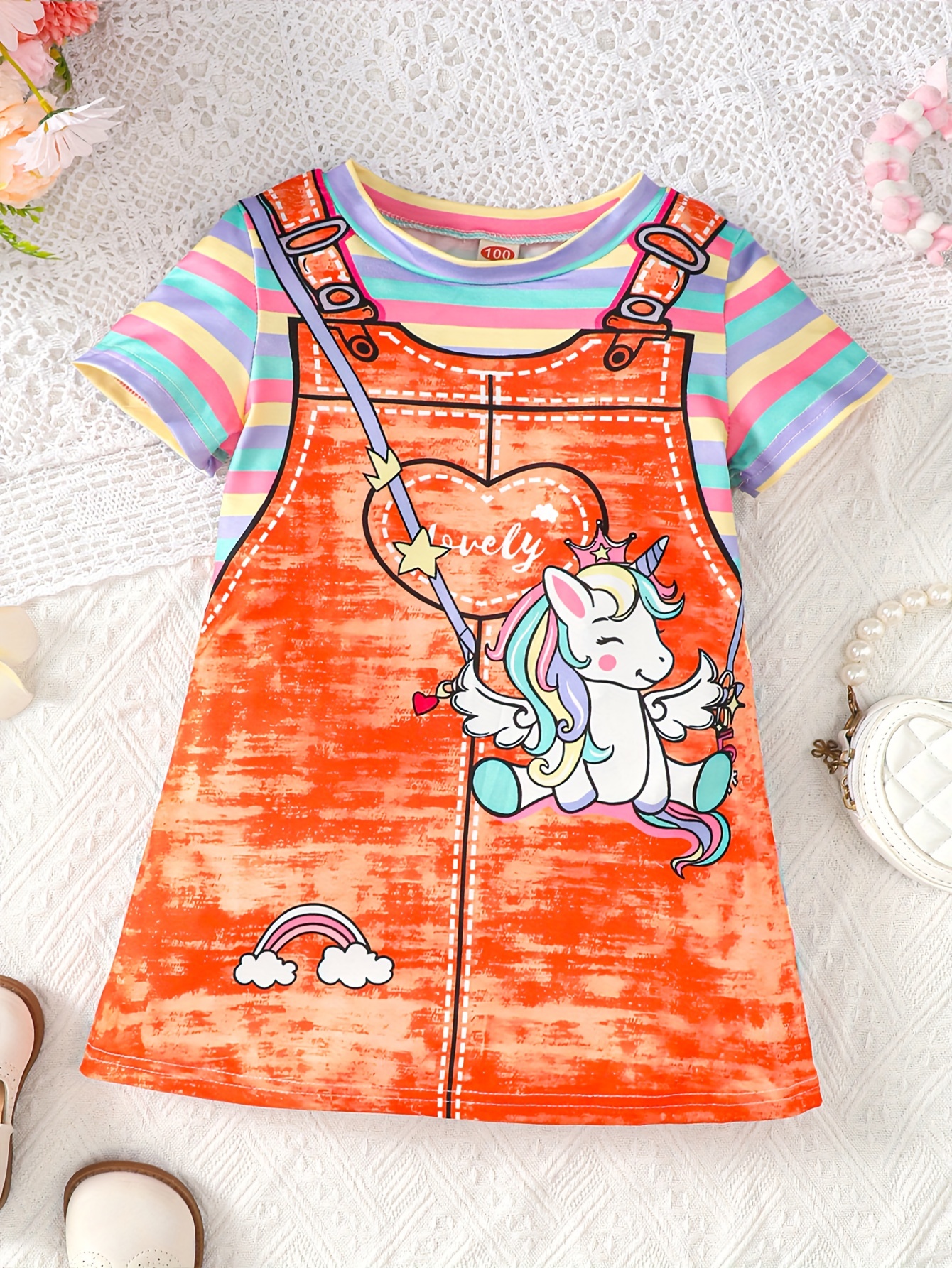 Toddler Girls Rainbow Stripe And Unicorn Graphic Cotton Casual T-shirt  Dress For Party Kids Summer Clothes