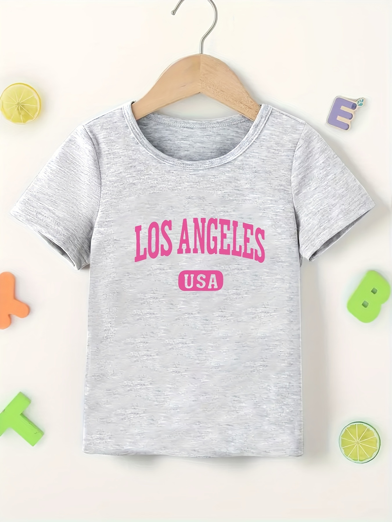 los Angeles'' Letter Print Casual T-shirt For Girls, Comfy Fit