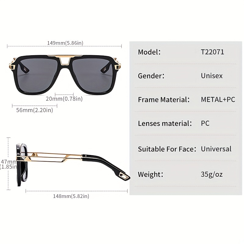 Square Metal Aviator Sunglasses Hollow Out Temple UV400