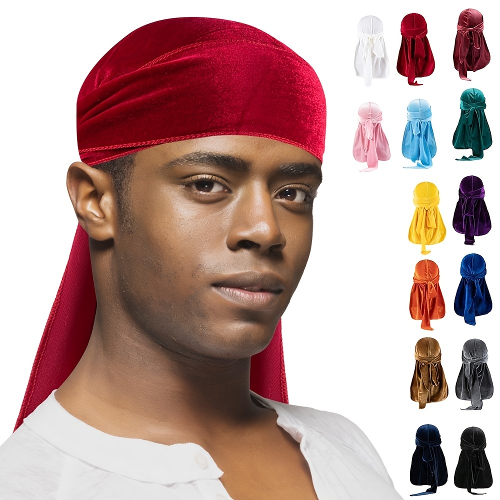 Men Women Velvet Silky Durag Hat Bandanna Turban Long Tail Pirate Cap  Headwear
