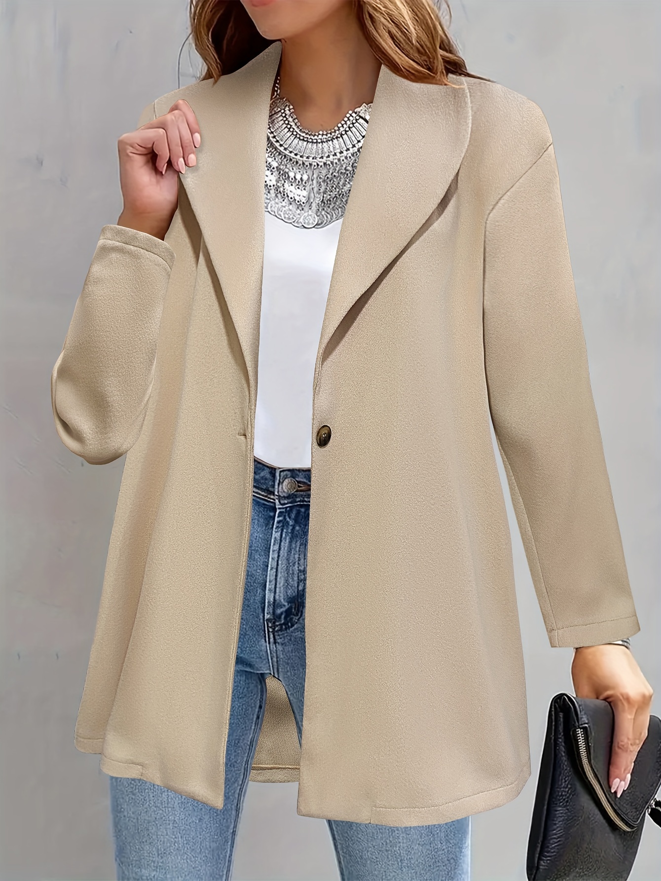 Abrigo casual de talla * abrigo de lana largo con solapa y mangas largas  para mujer