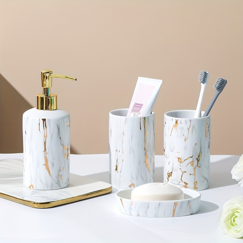 Terramoza Ceramic Bathroom Accessory Set, 5 Pcs - Includes Soap Dispenser,  Toothbrush Cup, Toothbrush Holder, Soap Dish & Candle Holder - Beige, Matte