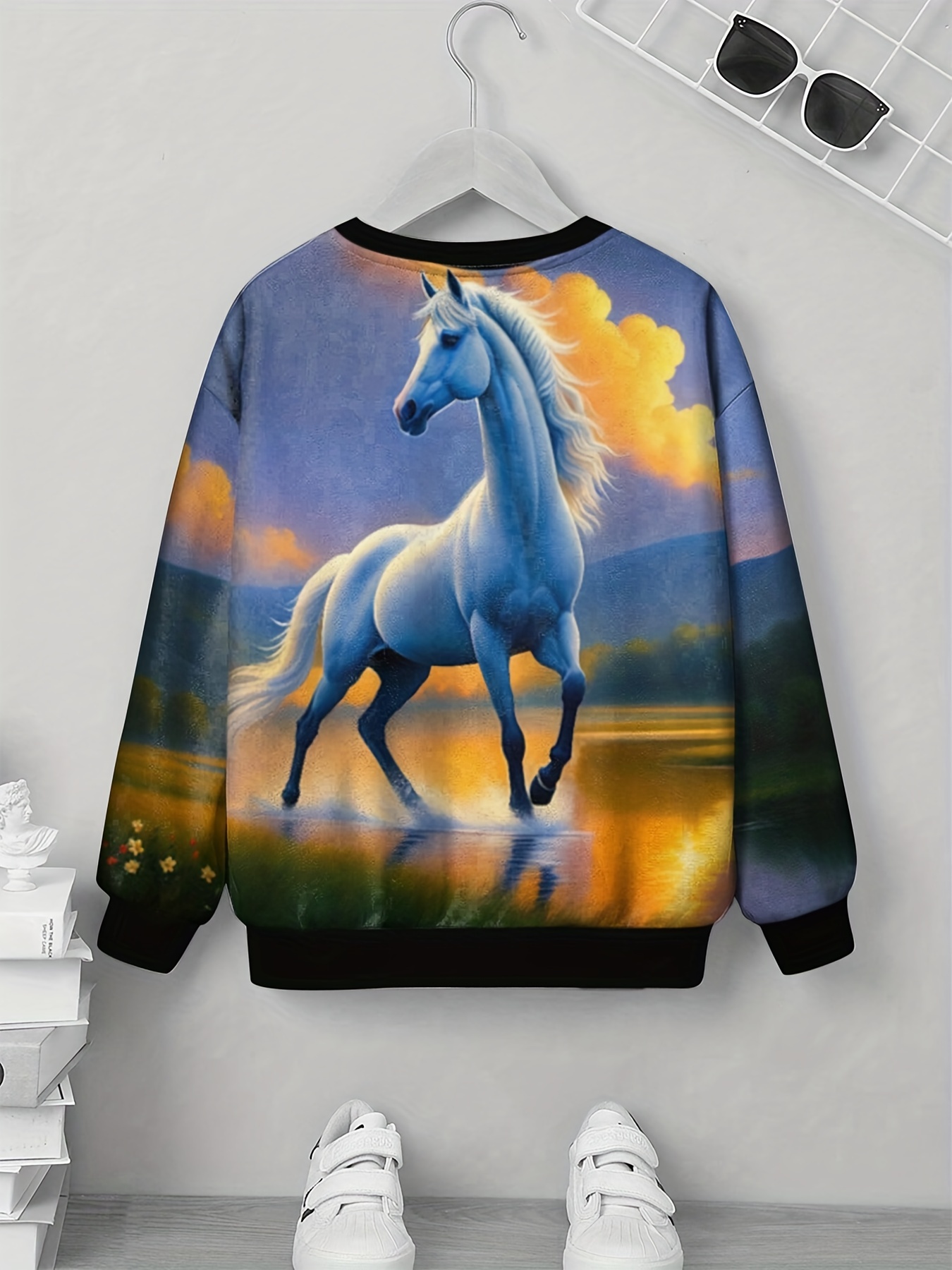 Teens 3d Scenery Horse Print Trendy Sweatshirt Kids Casual Temu