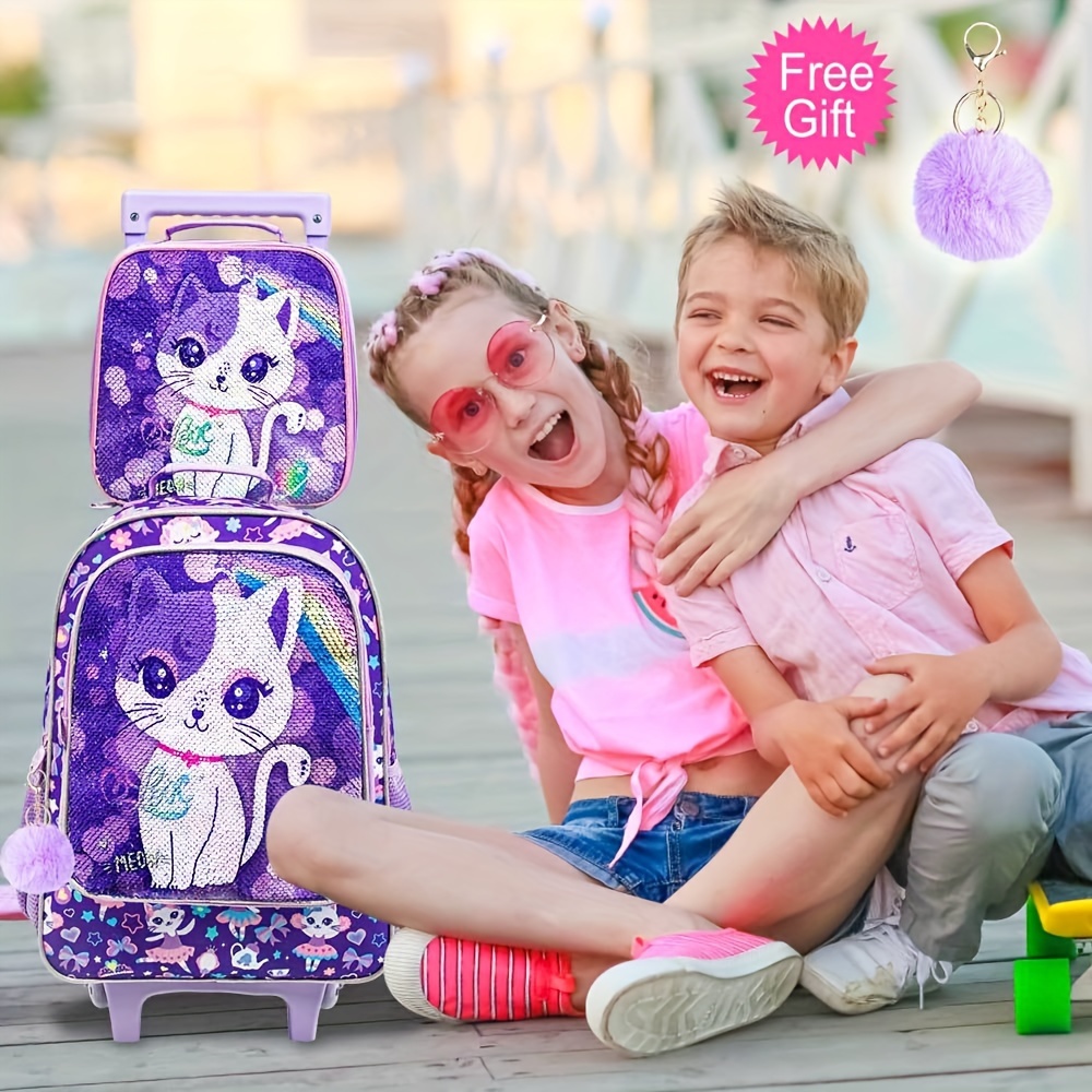 3pcs girls rolling backpack kids roller wheeled school bag with lunch bag glow in the dark backpack