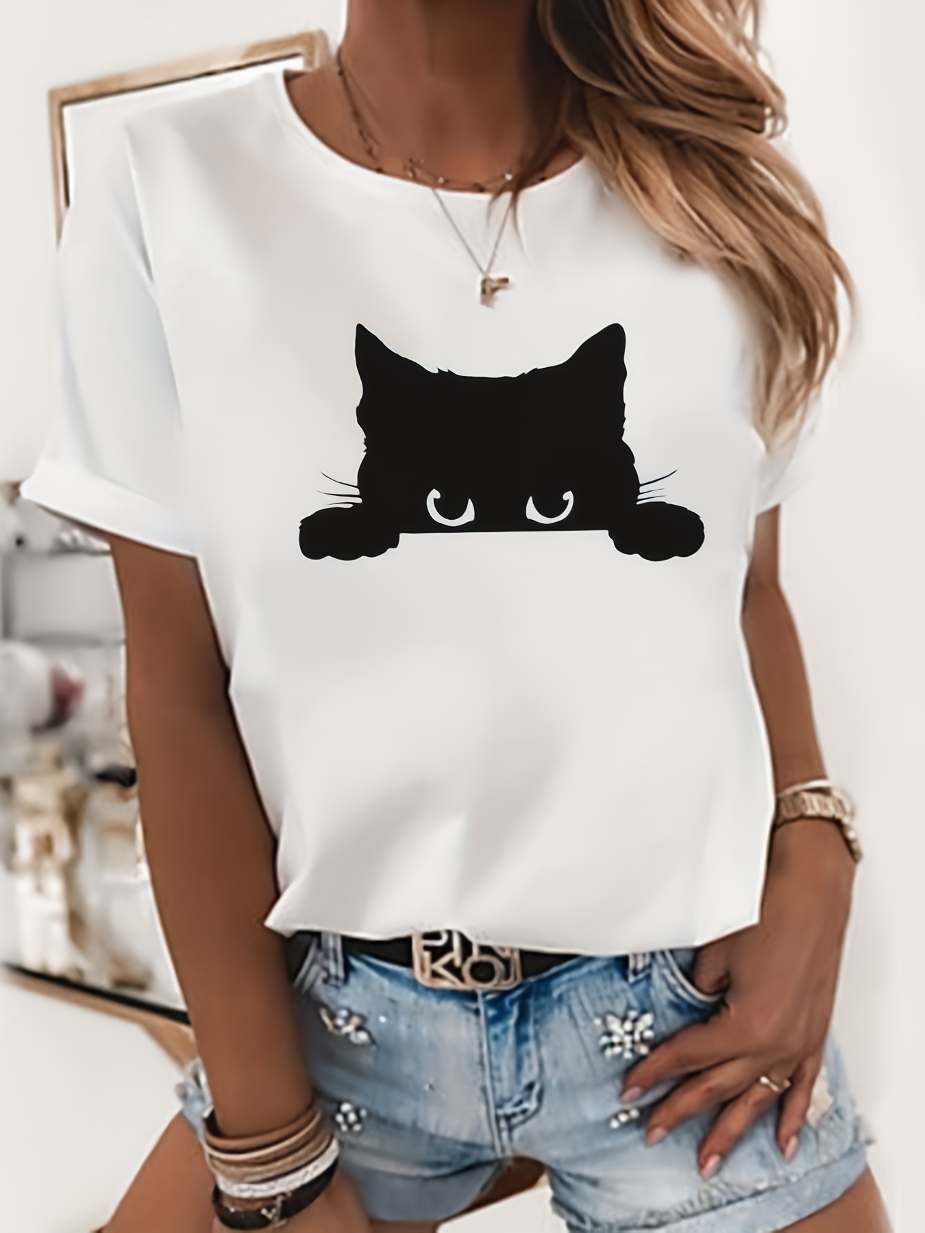 Cute Cat Print Tee Casual Short Sleeve Crew Neck T Temu 