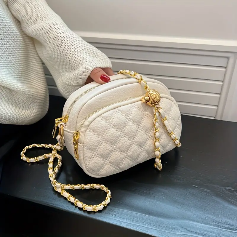 Women's Faux Pearl Chain Straps Shoulder Handbag, Quilted Argyle Pattern Shopping Tote Bag,Women Purses,Temu