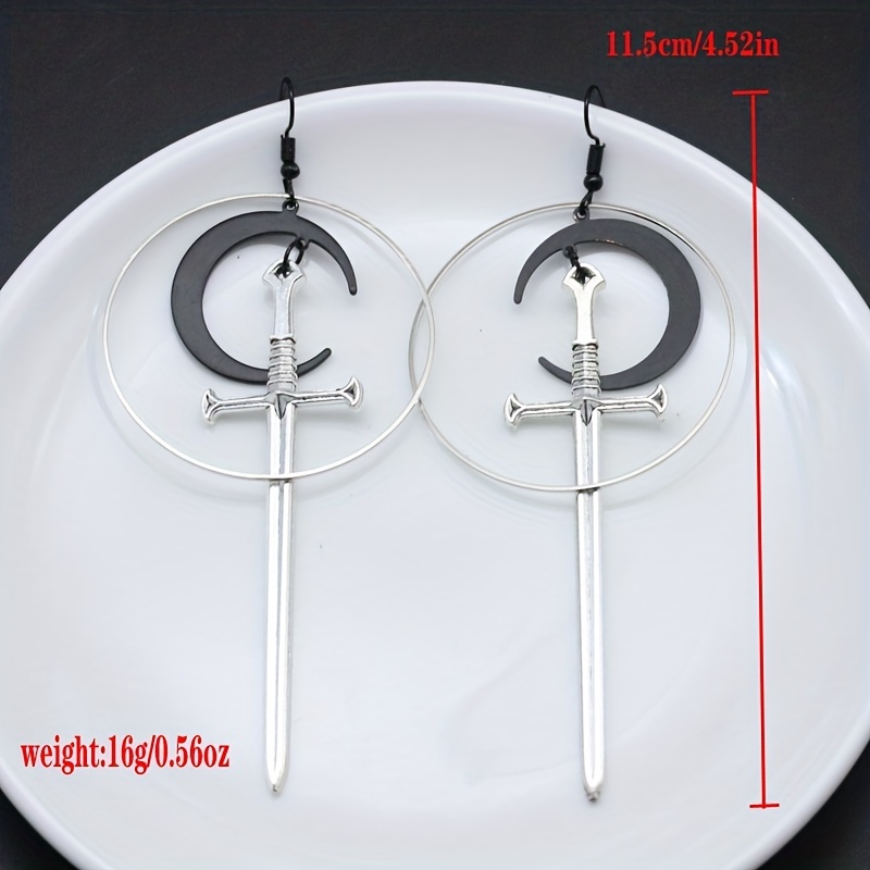 Moon Silvery Sword Hollow Circle Dangle Earrings, Goth Style